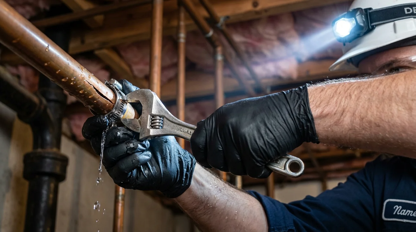 Emergency pipe clamp repair being performed by a Johns Plumbing LLC plumber in Youngstown