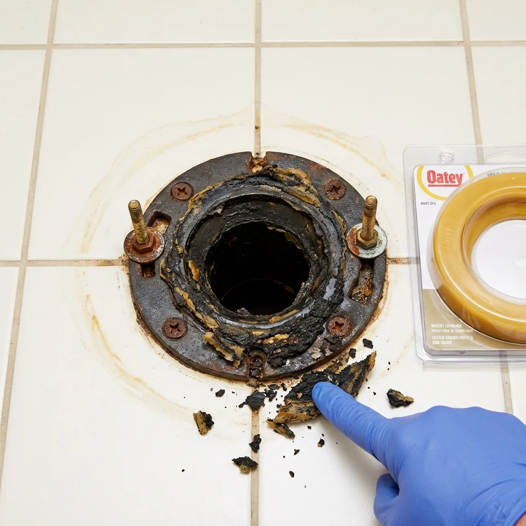 Failed wax ring showing water seepage at the base of a toilet in a Youngstown, NY home