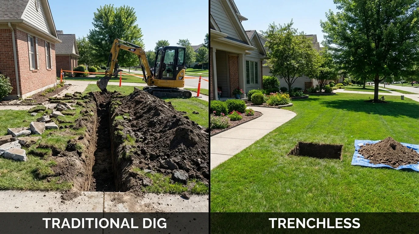 Trenchless sewer repair with minimal yard damage versus traditional excavation in Youngstown, NY