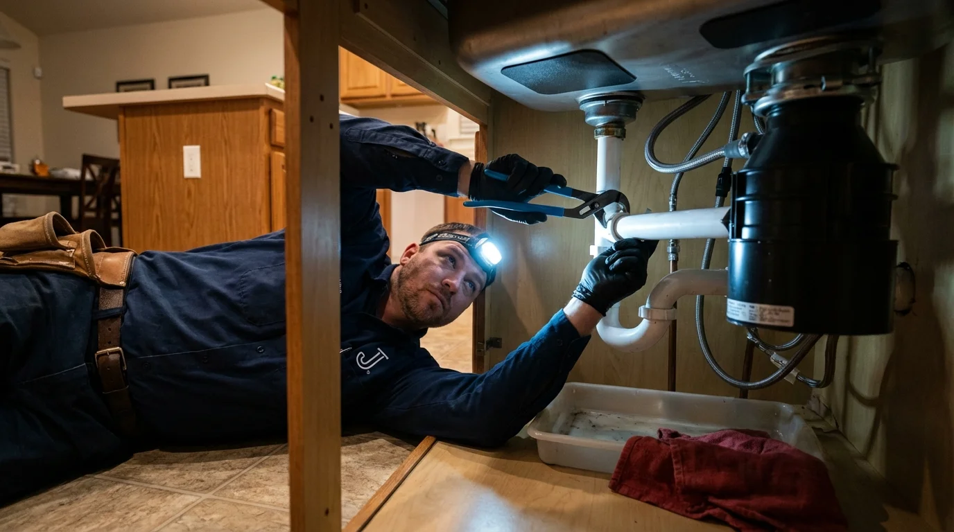 P-trap and supply line connections under a kitchen sink showing a common leak point in Youngstown, NY